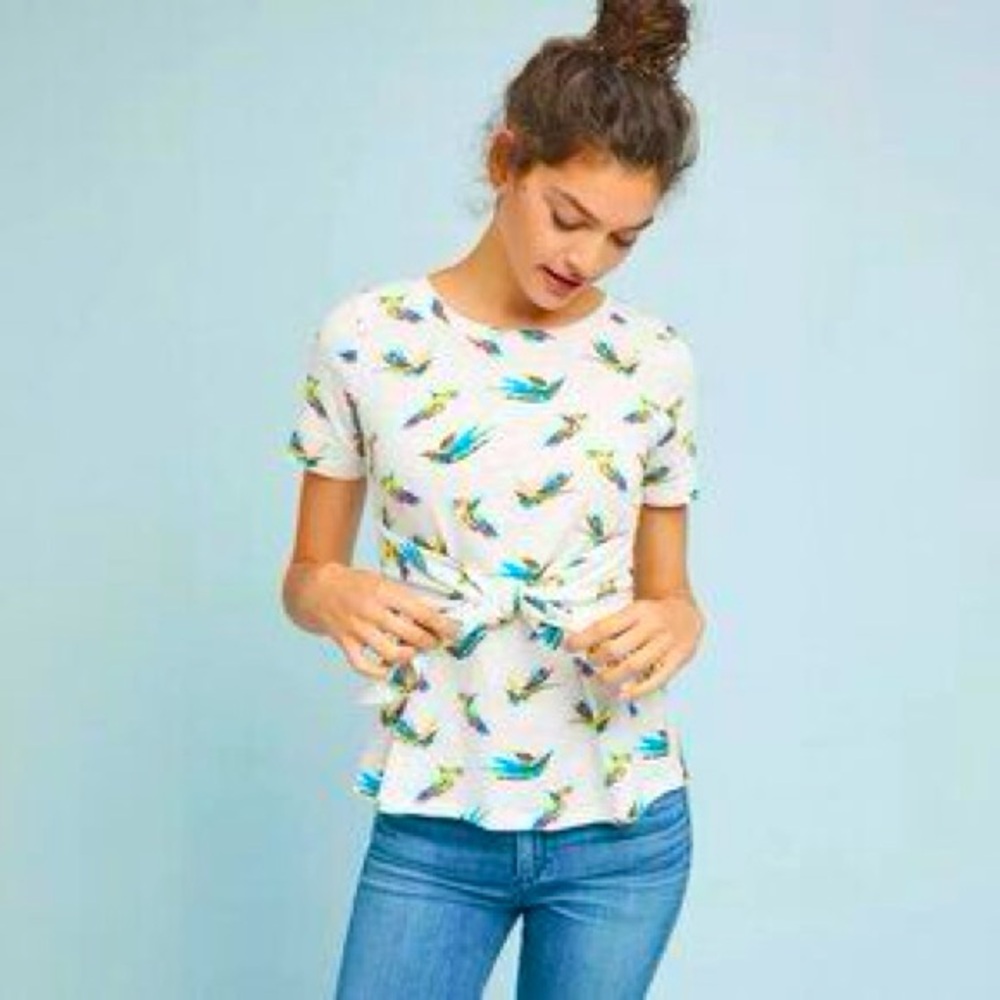 Anthropologie Meadow Rue Bird Print Tee Top Medium White 100% Cotton